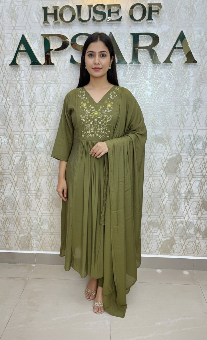 Mehendi Green Mul Chanderi Silk Hand Embroidery Kurtha 114