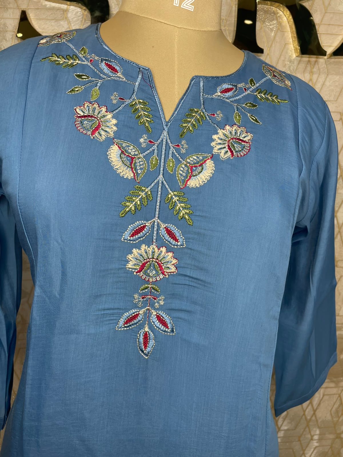 Blue Mul Chanderi Silk Hand Embroidery Airline Kurtha 114