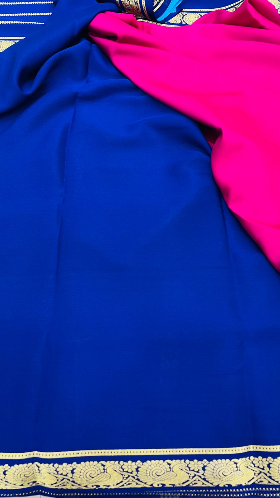 Rani Pink n Dark Blue 3D Pure Mysore Silk Crepe Saree 01