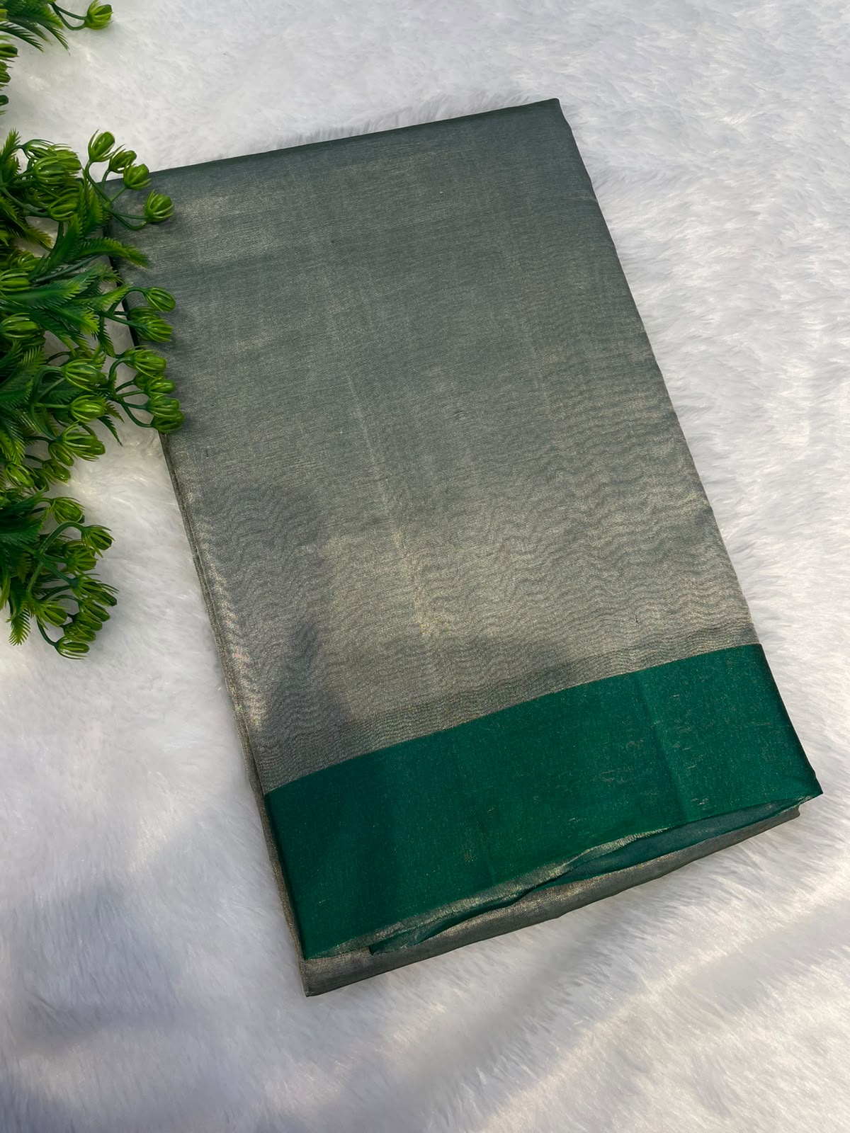 Metallic Silver n Green Pure Tissue Organza Saree 11