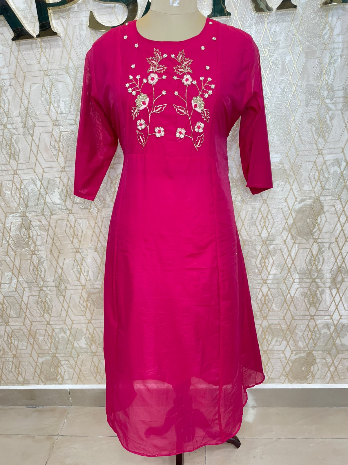 Pink Mul Chanderi Silk Hand Embroidery Kurtha 114