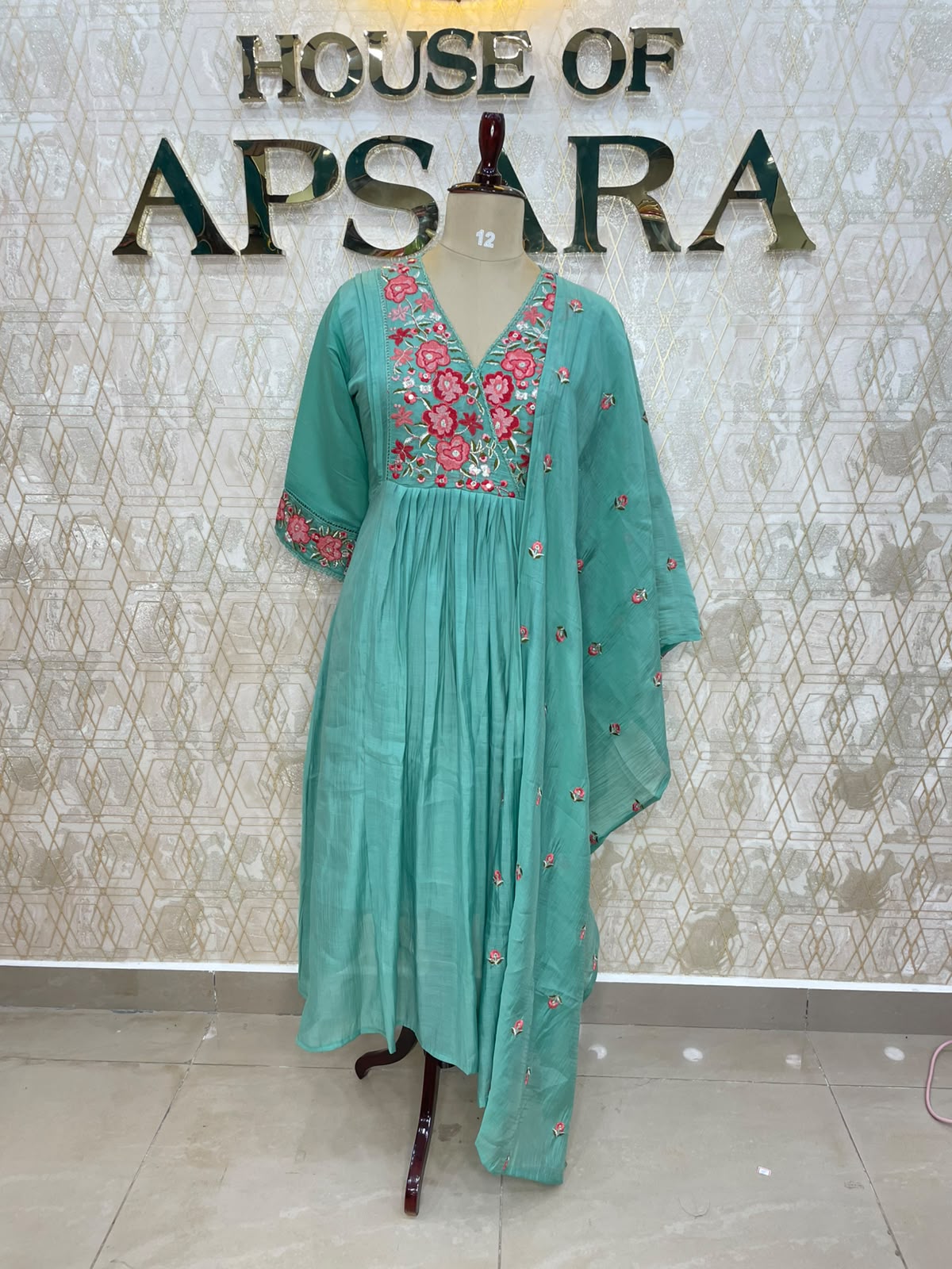 Sea Green Mul Chanderi Silk Hand Embroidery Kurtha 114