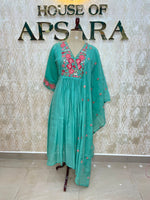 Sea Green Mul Chanderi Silk Hand Embroidery Kurtha 114