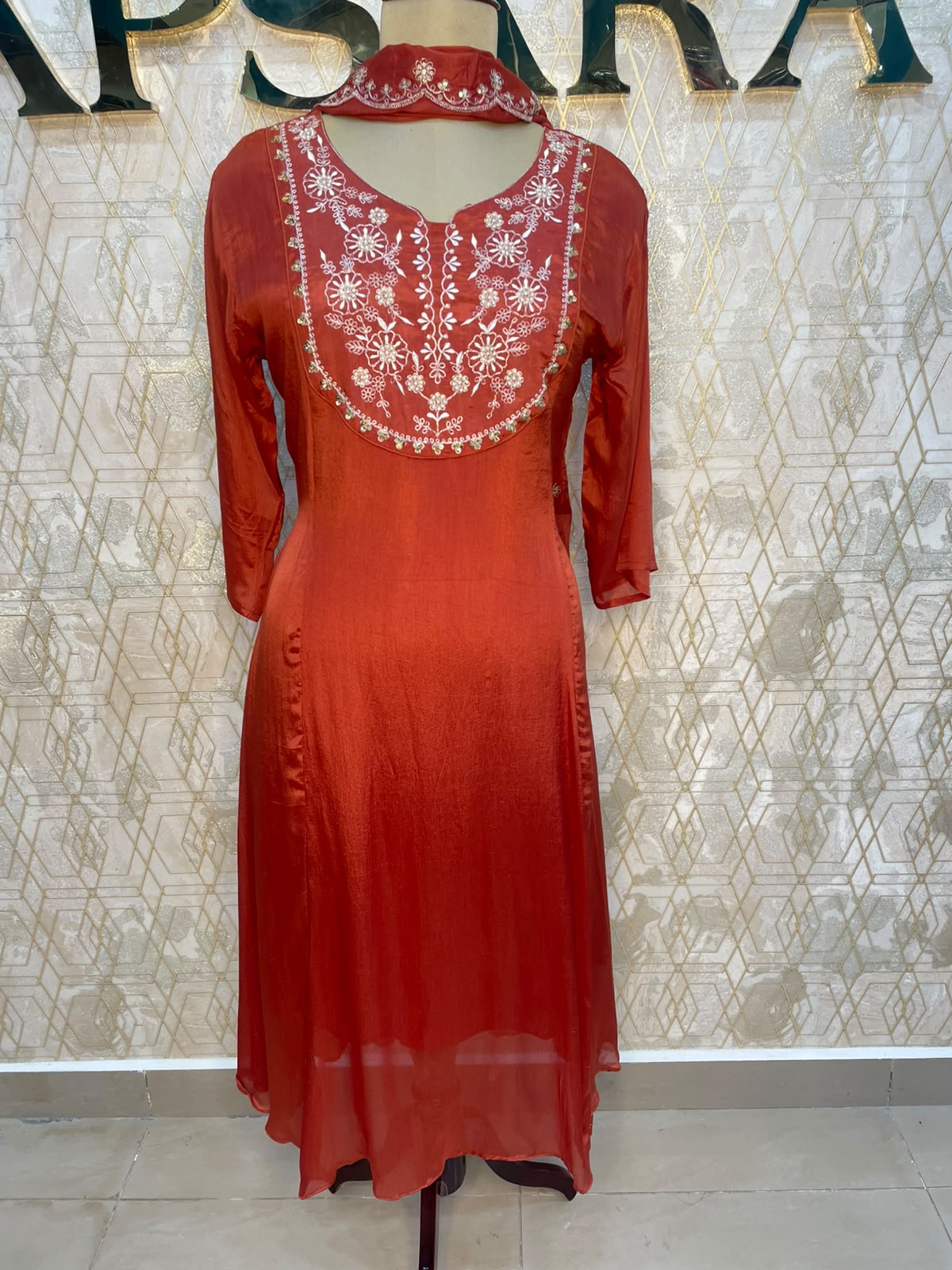 Orange Chinnon Handwork Airline Kurtha 112