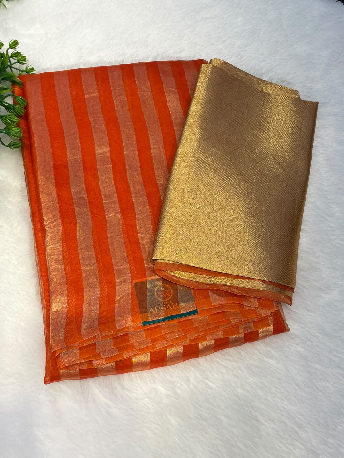 Orange Pure Tissue Stripes Saree 11