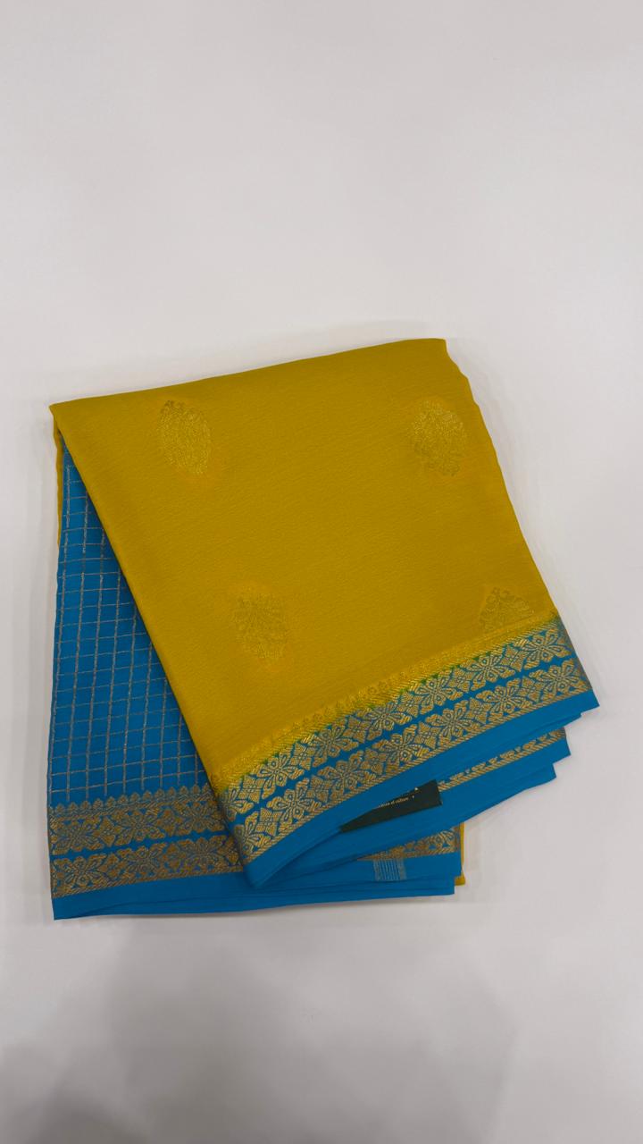 Yellow Big Butta Pure Mysore Silk Crepe Saree 01