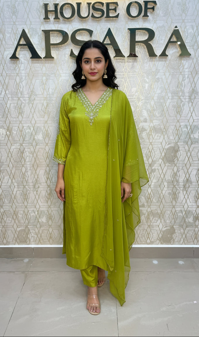 Green Mul Chanderi Straight Fit Kurtha 116