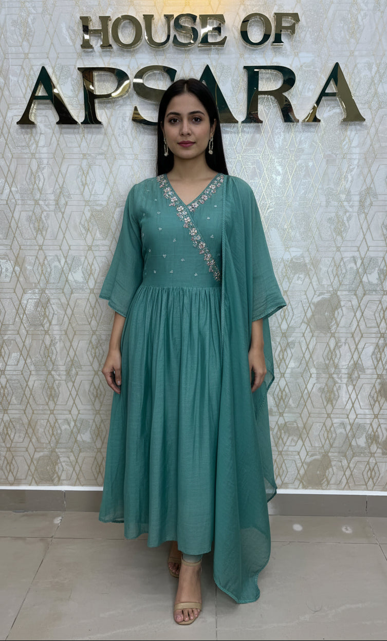 Sea Blue Mul Chanderi Airline Kurtha 113