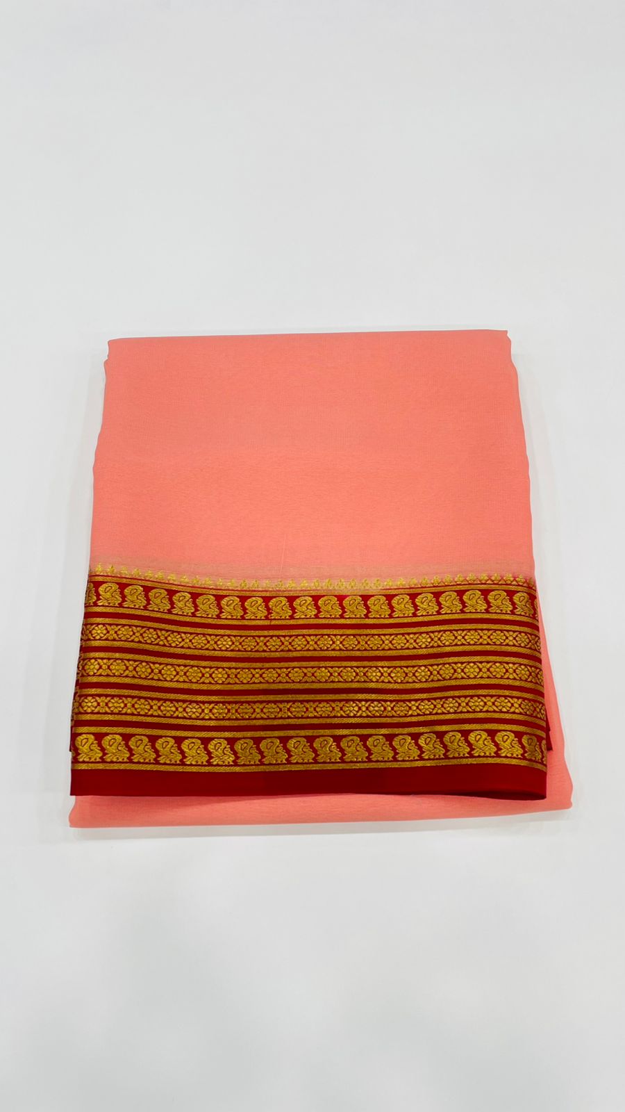 Peach n Red Pure Mysore Silk Crepe Saree 01