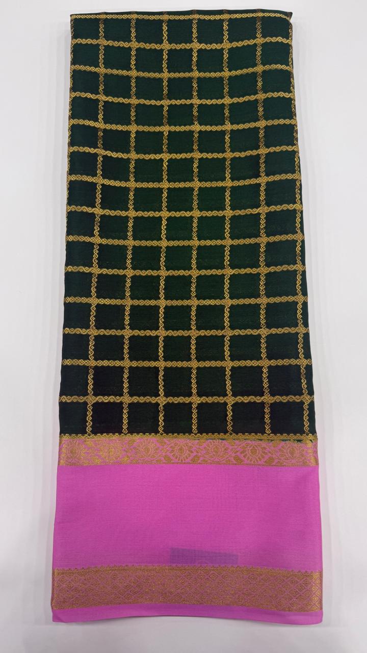 Bottel Green Stripes Pure Mysore Silk Crape Saree 01