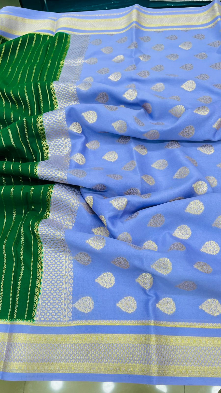 Bottel Green Stripes Pure Mysore Silk Crepe Saree 01
