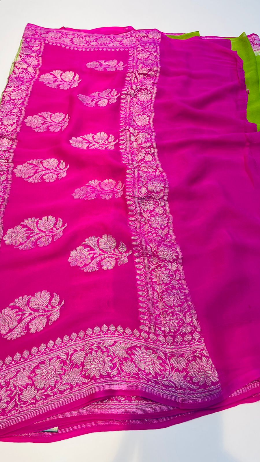 Green n Pink With Silver Zari Pure Khaddi Chiffon