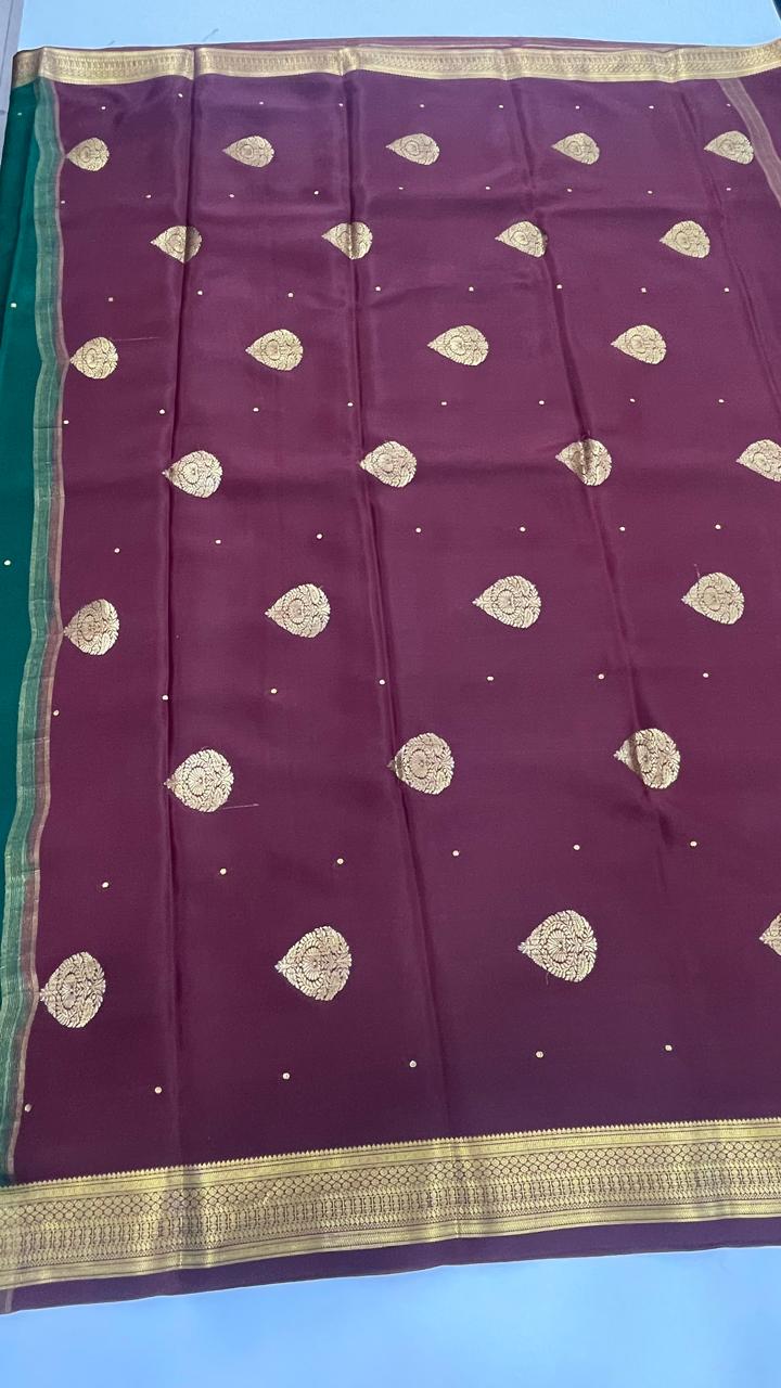 Bottle Green n Brown Pure Mysore Silk Crepe Saree 01