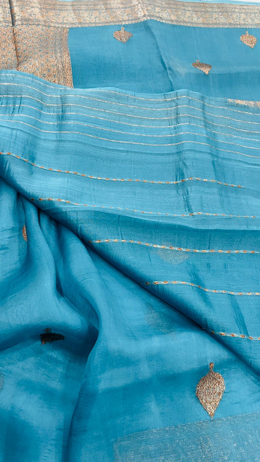 Blue Pure Kora Organza Antique saree 02