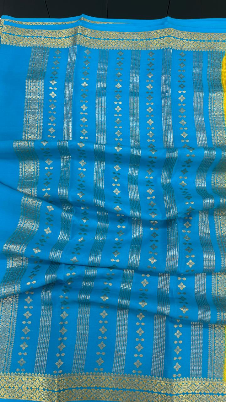 Yellow Big Butta Pure Mysore Silk Crepe Saree 01