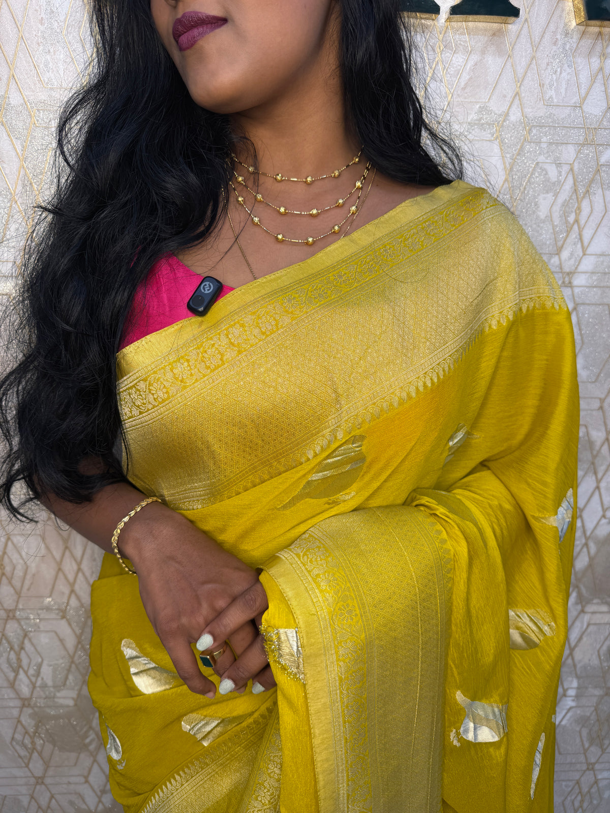 Yellow Chinnon Crepe Sparrow Butta Saree 67