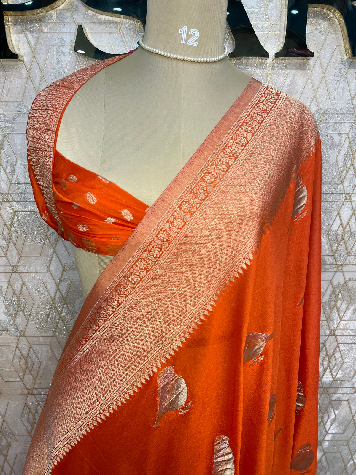Orange Chinnon Crepe Sparrow Butta Saree 67