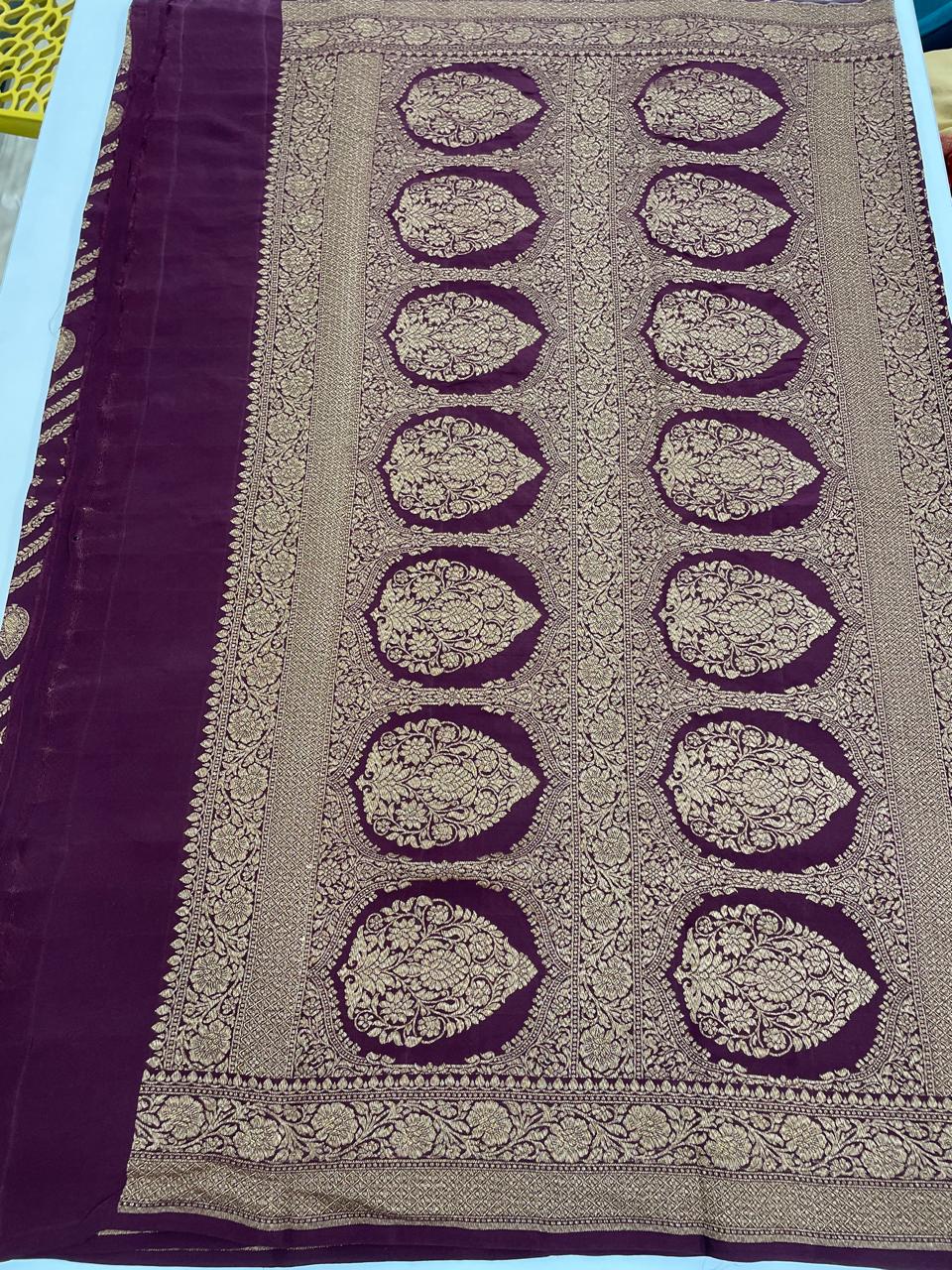 Marron Pure Banarasi Crepe Self Saree 03