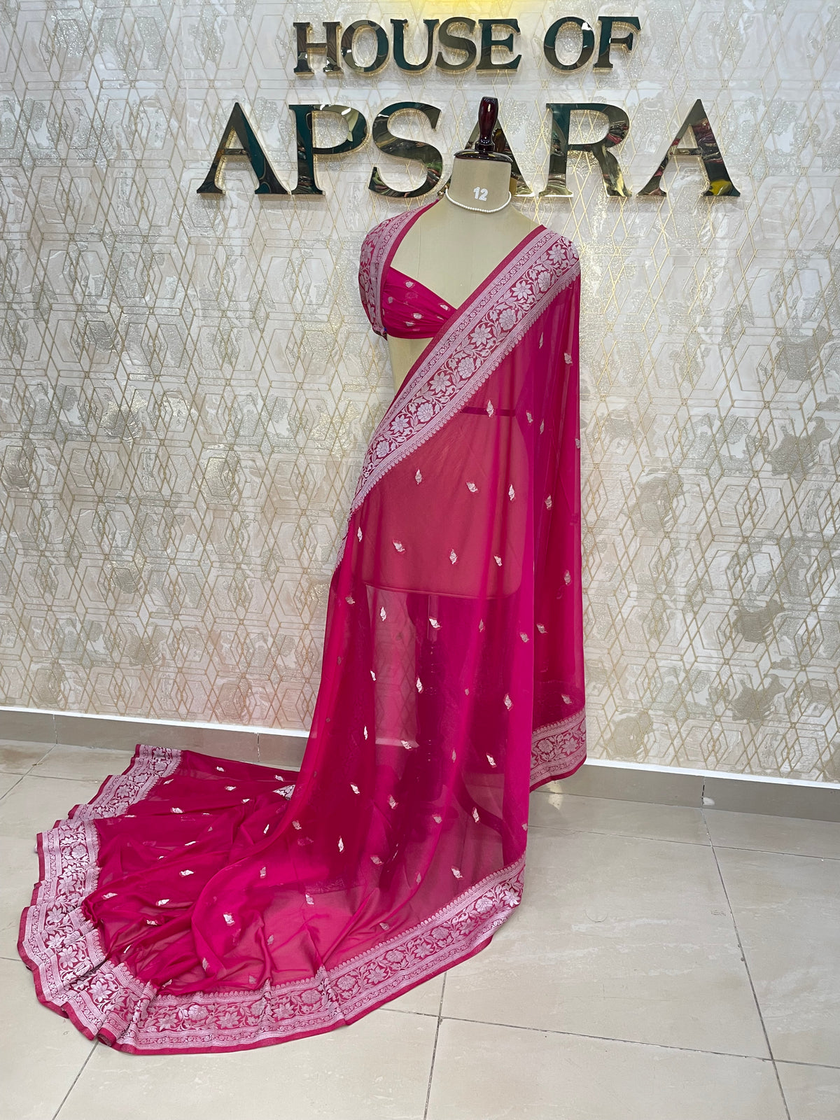 Rani Pink With Silver Zari Semi Chiffon