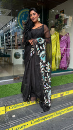 Black Organza Peacock Appliqué Work Saree 29
