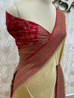 Cream n Red Pure Banarasi Crepe Saree 03