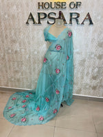 Sea Blue Soft Organza CutWork With Embroidery Saree 40