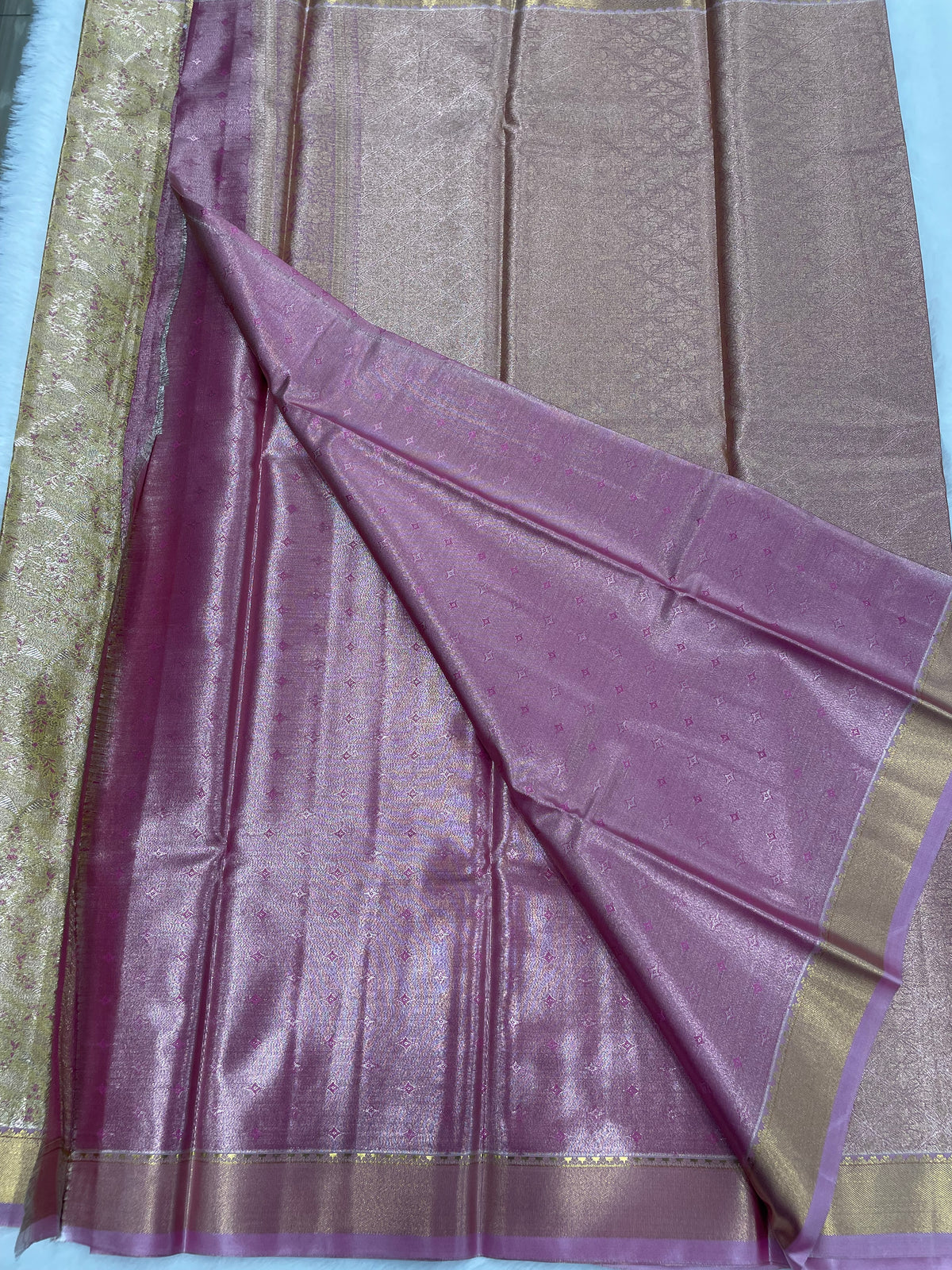 Gold n Pink Brocade Semi Kanchi Tissue Saree