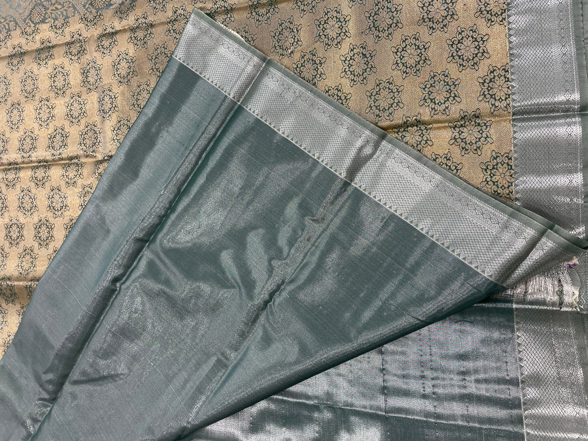 Gold n Bluish Grey Brocade Semi Kanchi Tissue Saree