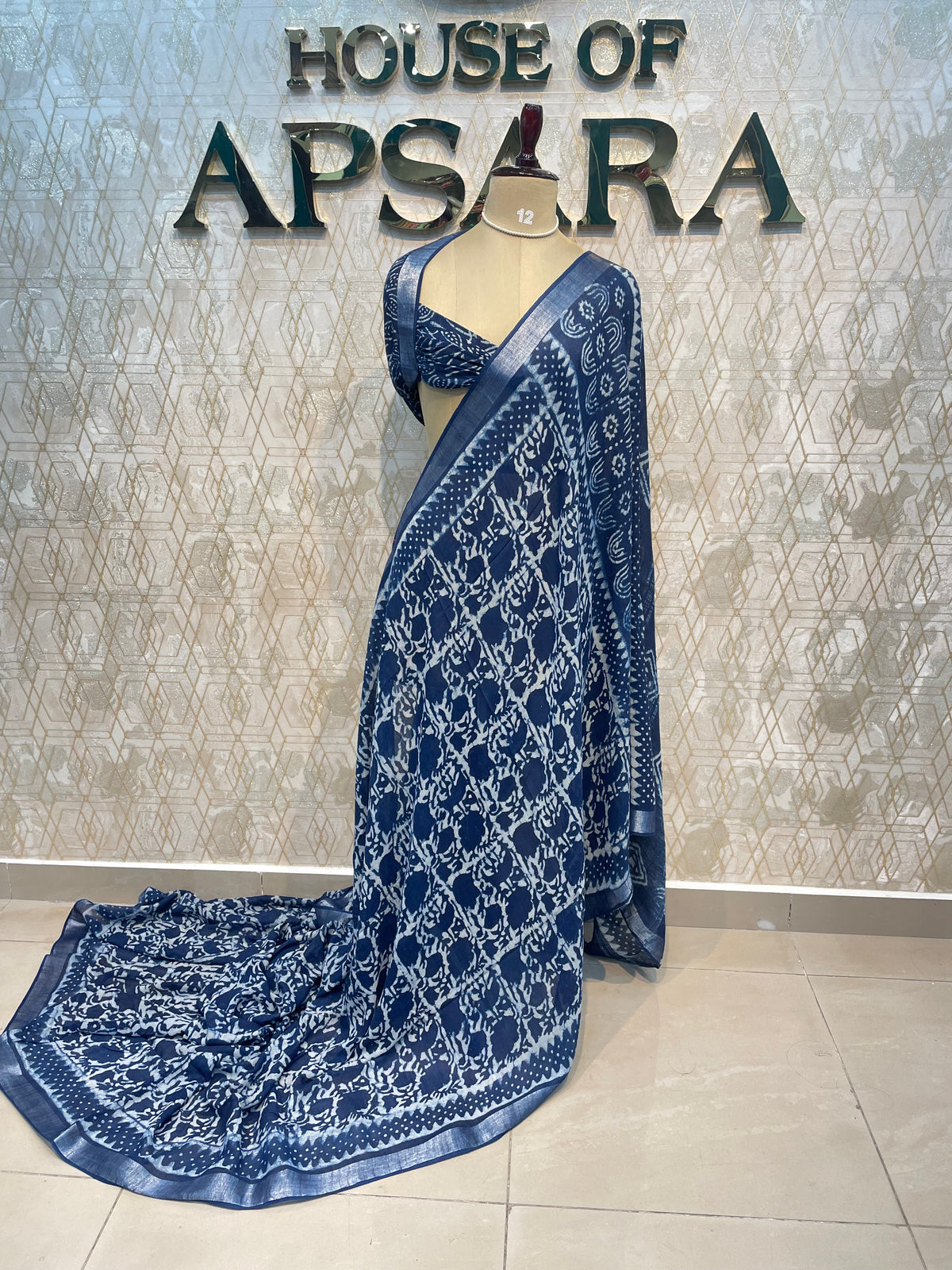 Navy Blue Batik Print Lenin Saree 67