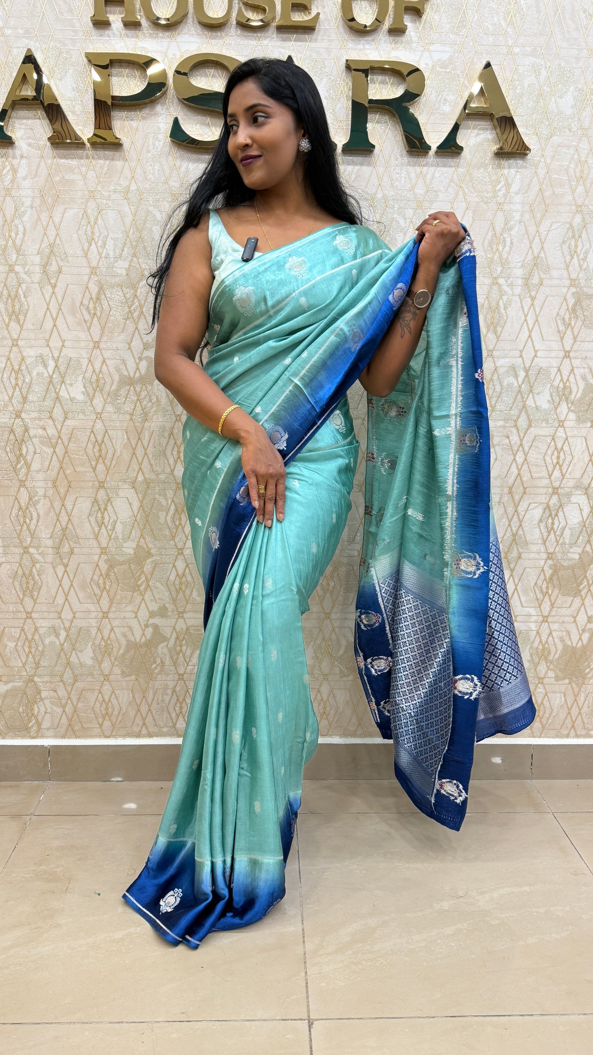 Sea Green n Blue Matka Silk with Satin Border Saree 14