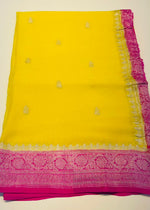 Yellow n Pink With Silver Zari Pure Khaddi Chiffon