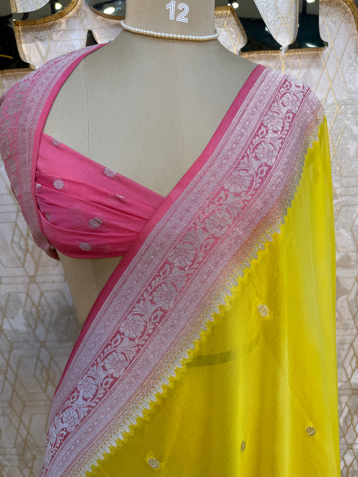 Yellow n Pink With Silver Zari Semi Chiffon