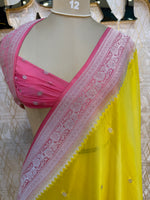 Yellow n Pink With Silver Zari Semi Chiffon