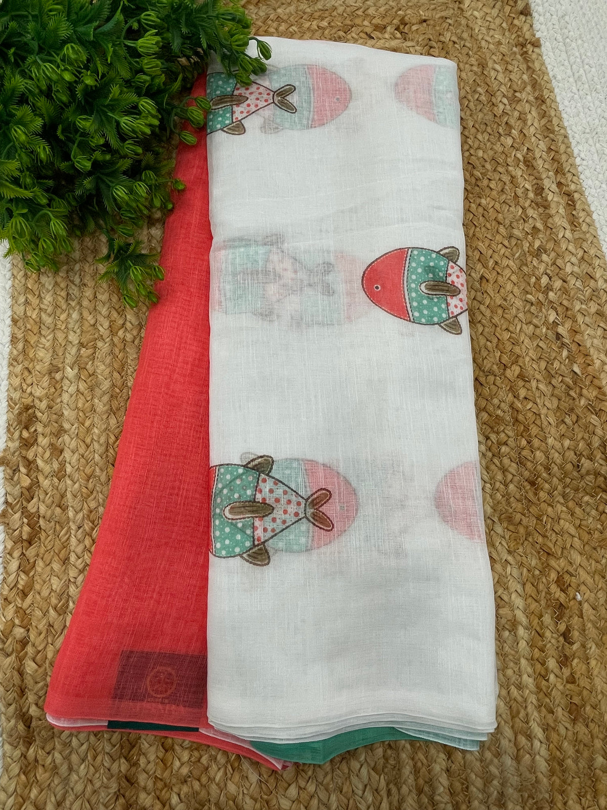 Orange and white Lenin Cotton Floral Print Saree 19