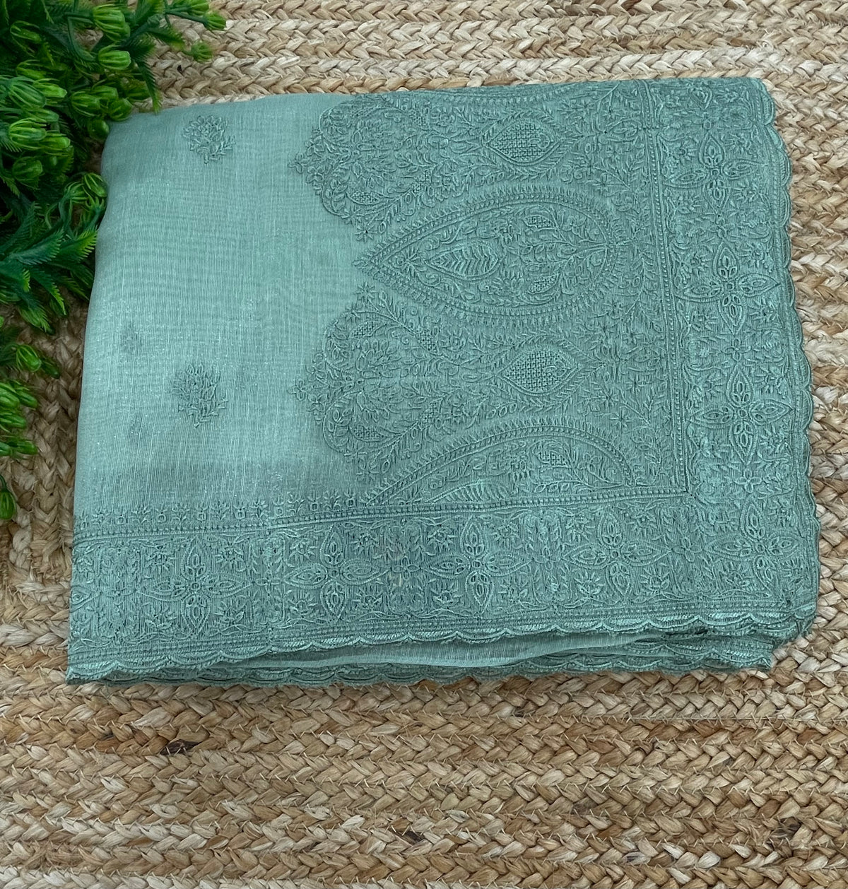 Mint Green Soft Tissue Embroidery Saree 17