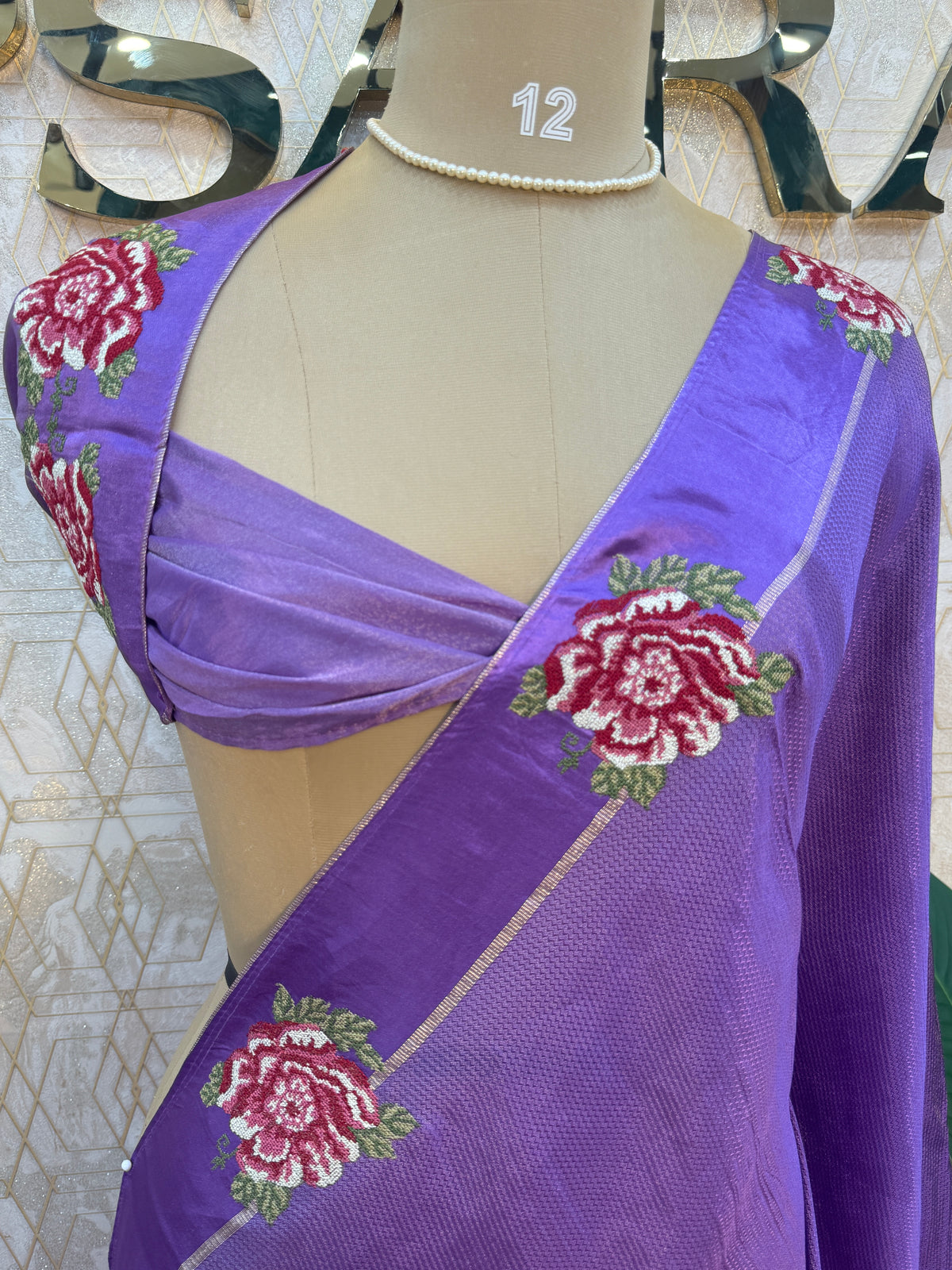 Purple Satin Silk Petite Point Embroidery Saree 305