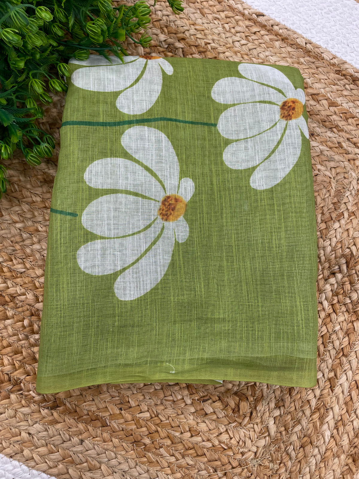 Green Lenin Cotton Floral Print Saree 19