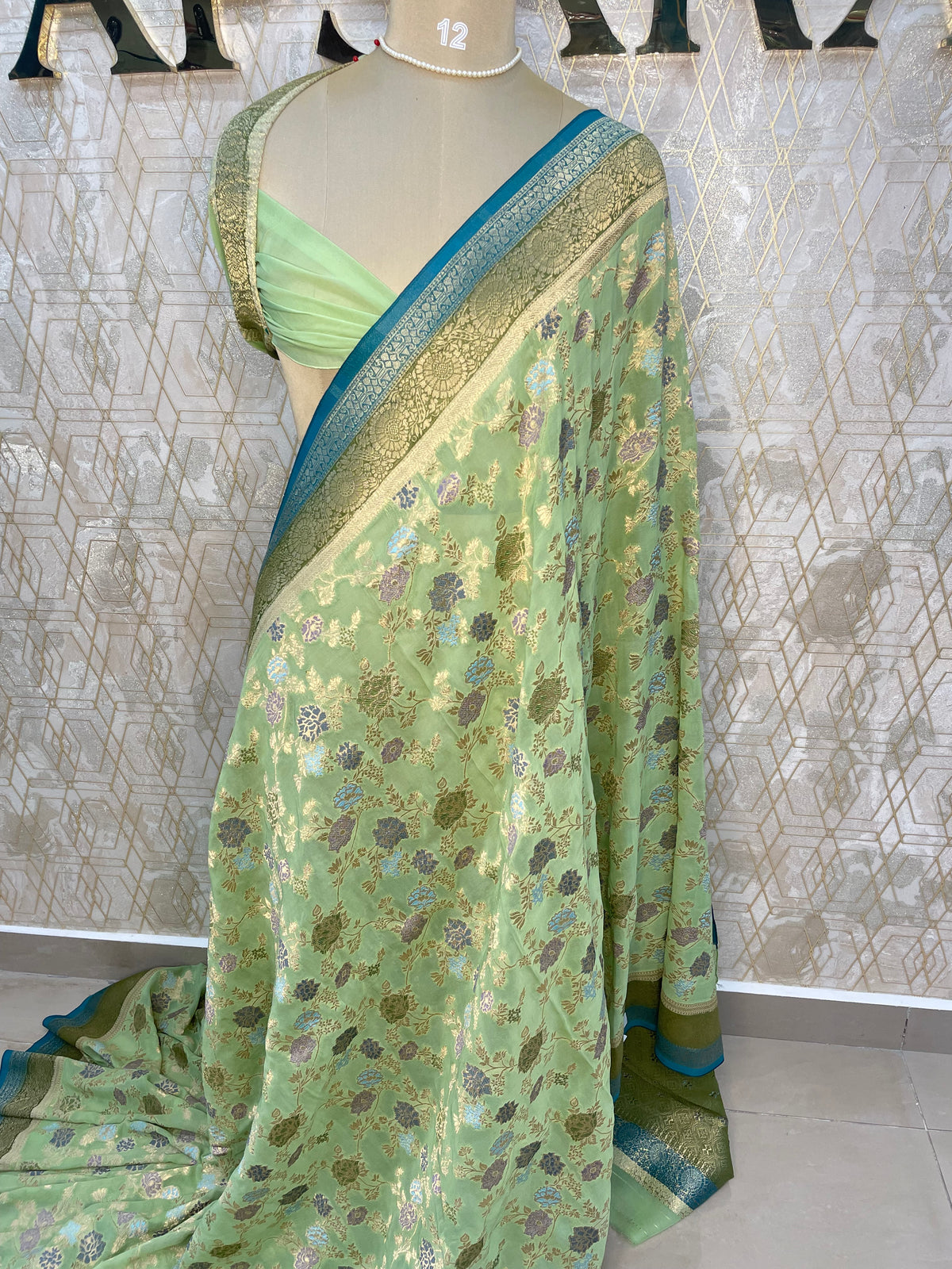 Pista Green Banarasi Georgette Saree 26