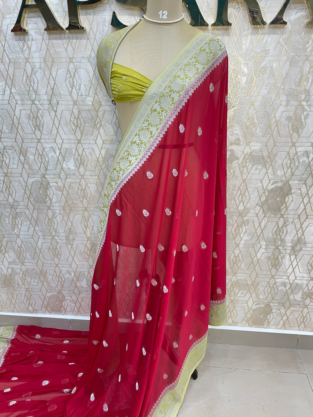 Red With Silver Zari Semi Chiffon