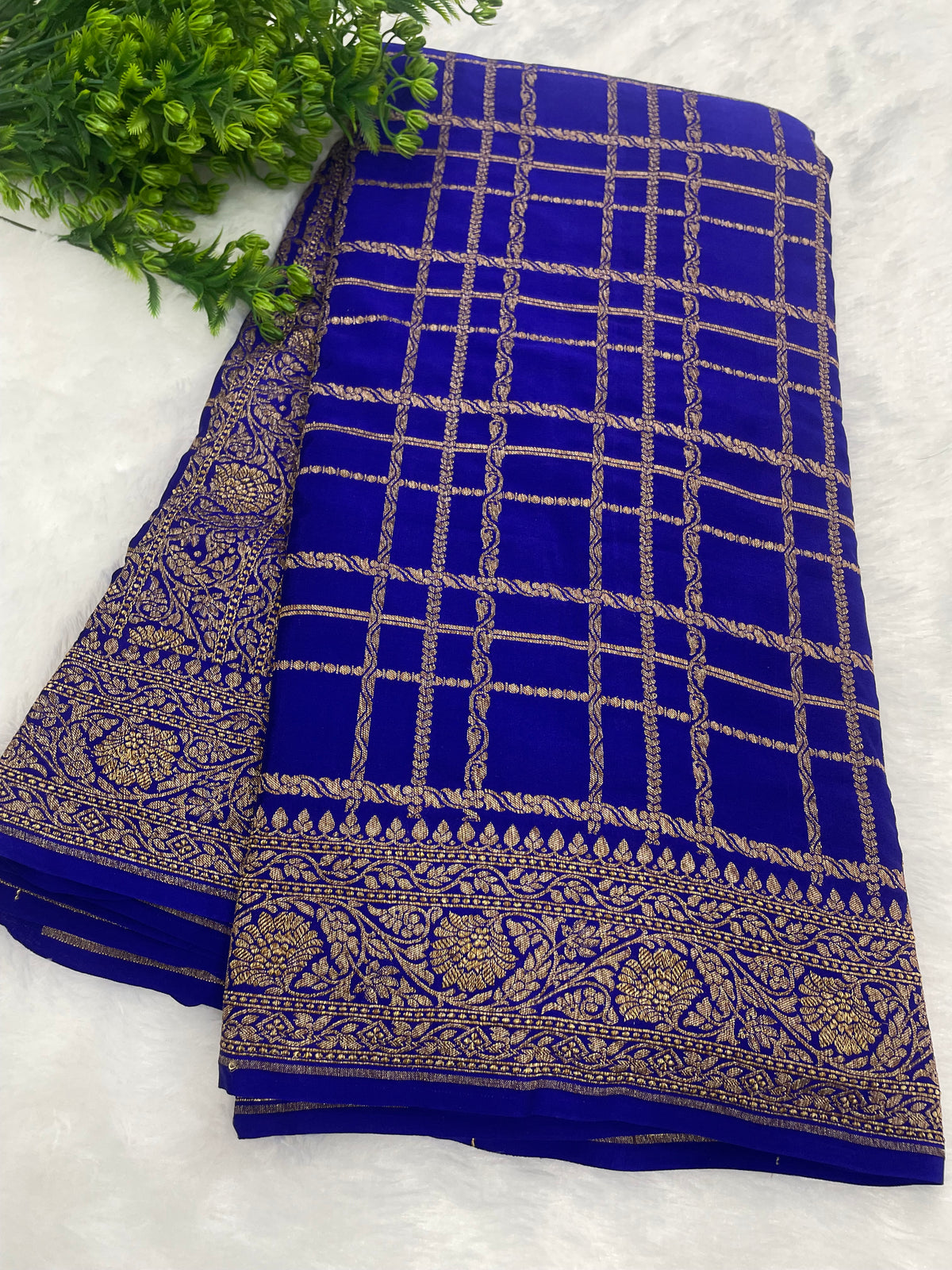 Royal Blue Pure Khadi Banarasi Crepe Saree Self 06
