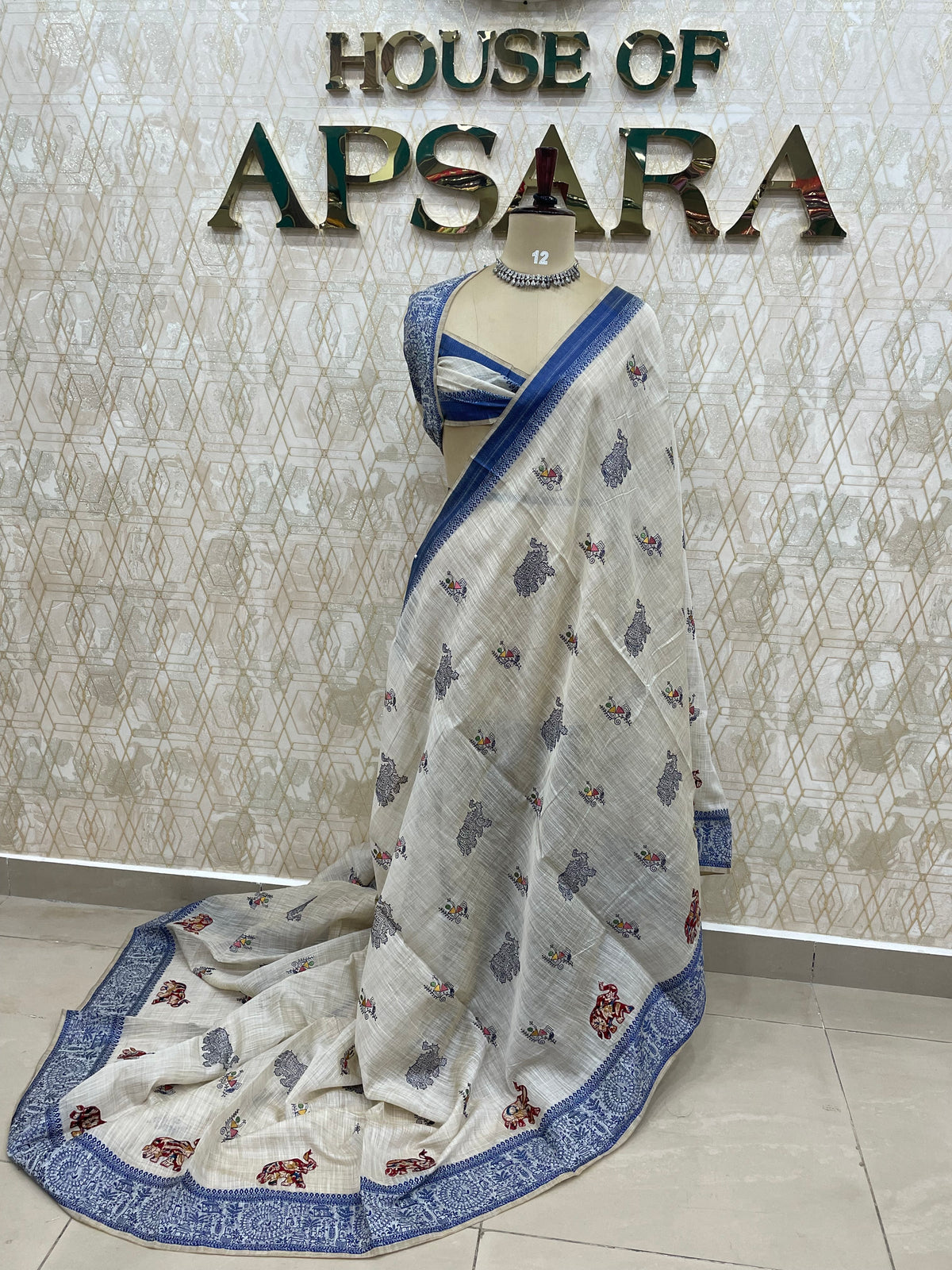 Cream n Blue Lenin Saree 52