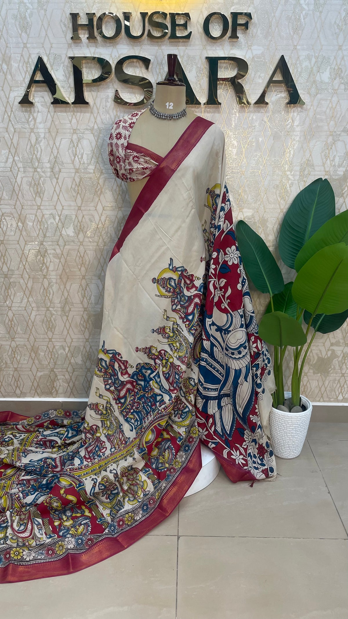 Cream n Pink Pen Kalamkari Saree 104