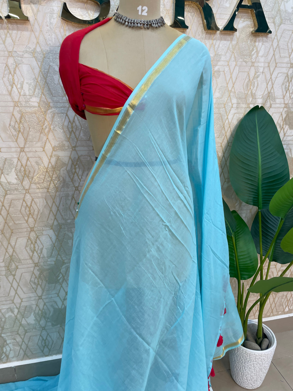 Sky Blue n Red Mul Cotton Saree 101