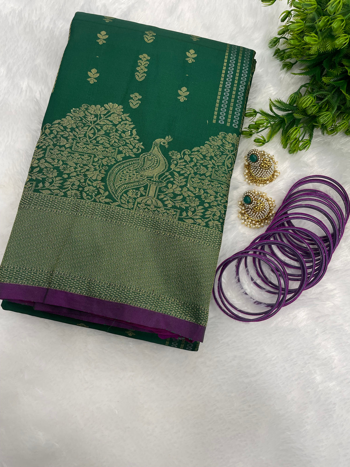 Green n Purple Brocade Semi Kanchi Tissue Saree