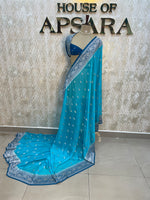 Blue With Silver Zari Semi Chiffon
