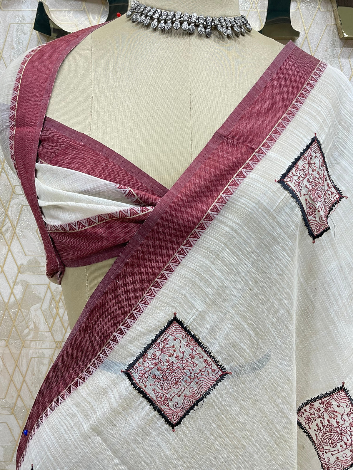 Cream n Maroon Lenin Saree 52