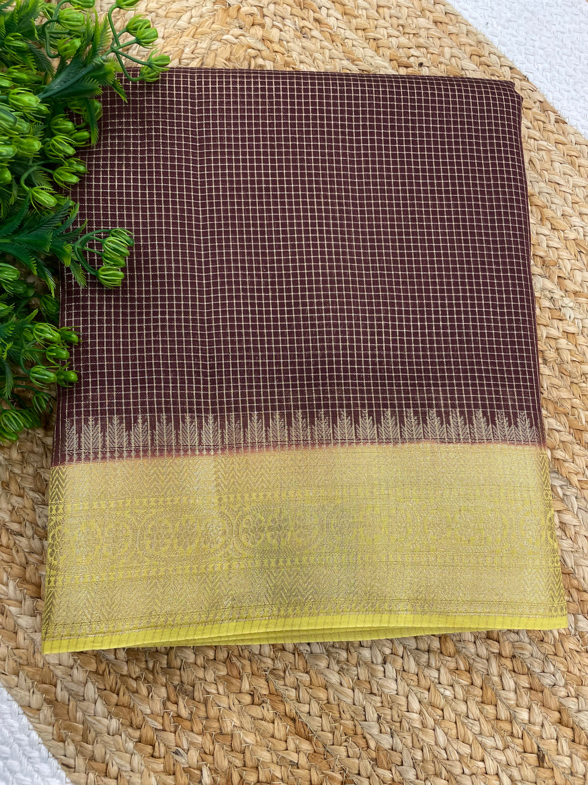 Brown n Yellow Checks Cotton Silk Saree 13