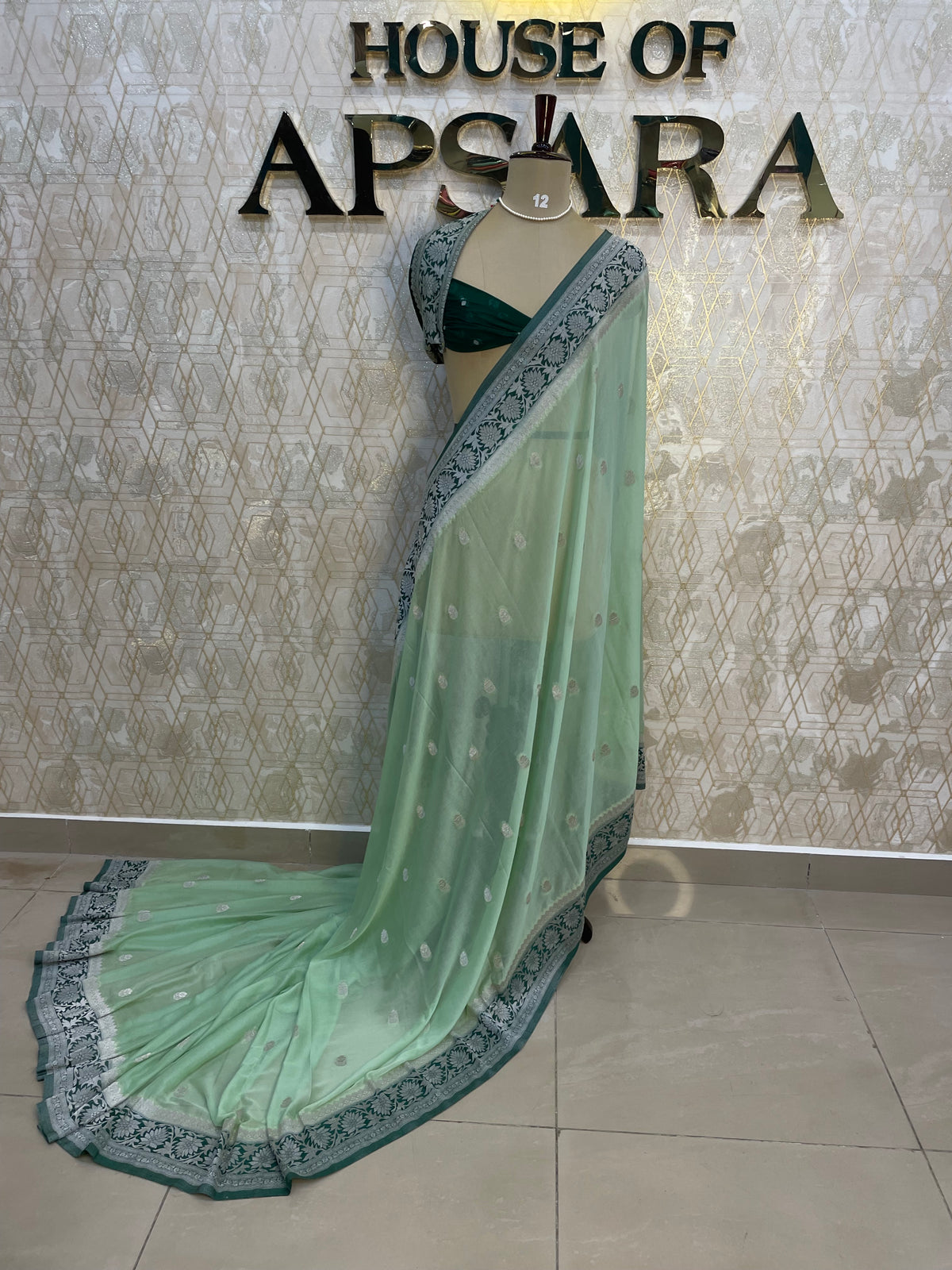 Pista Green With Silver Zari Semi Chiffon