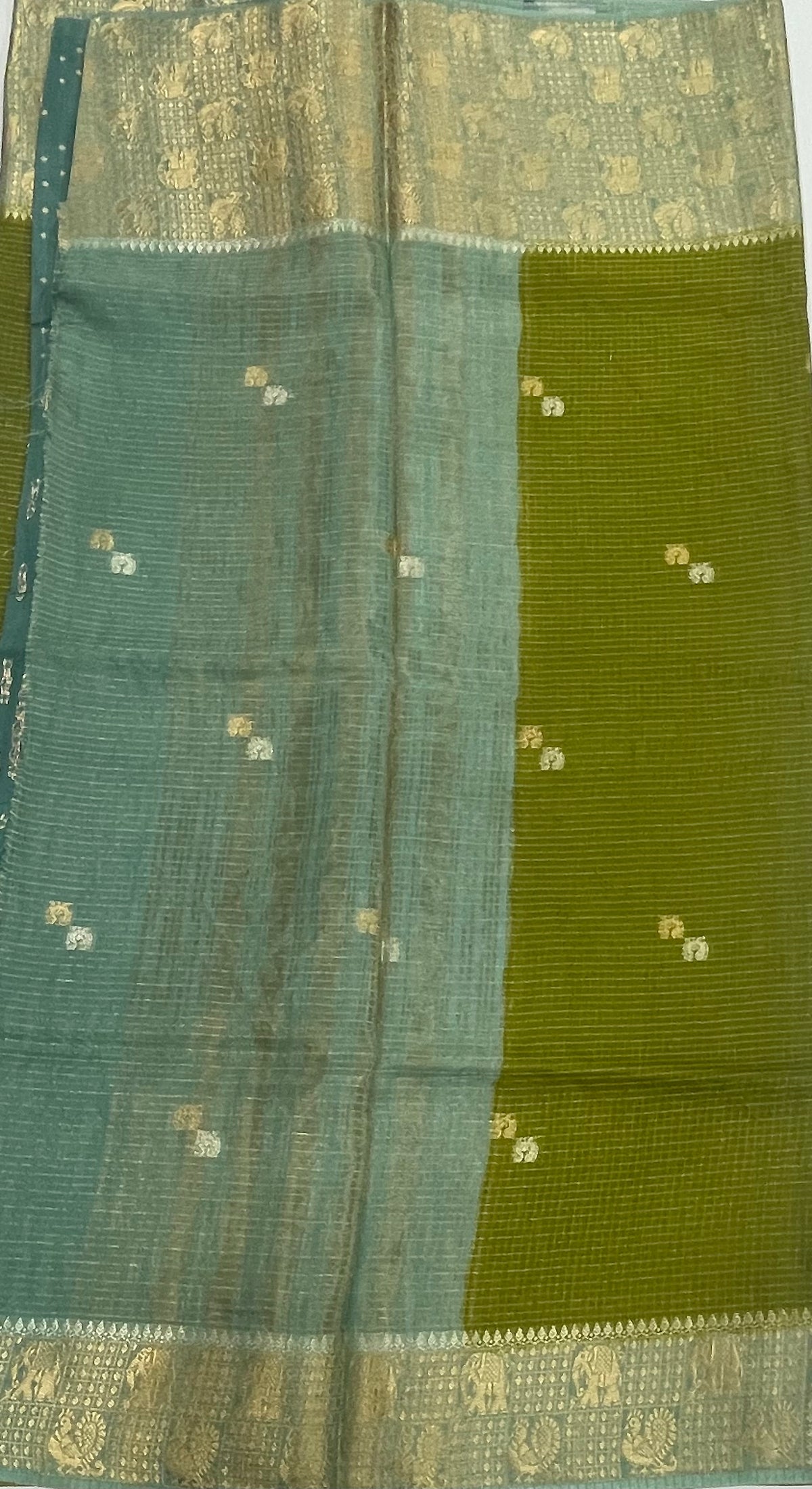 Olive Green n Blue Checks Cotton Silk Saree 13