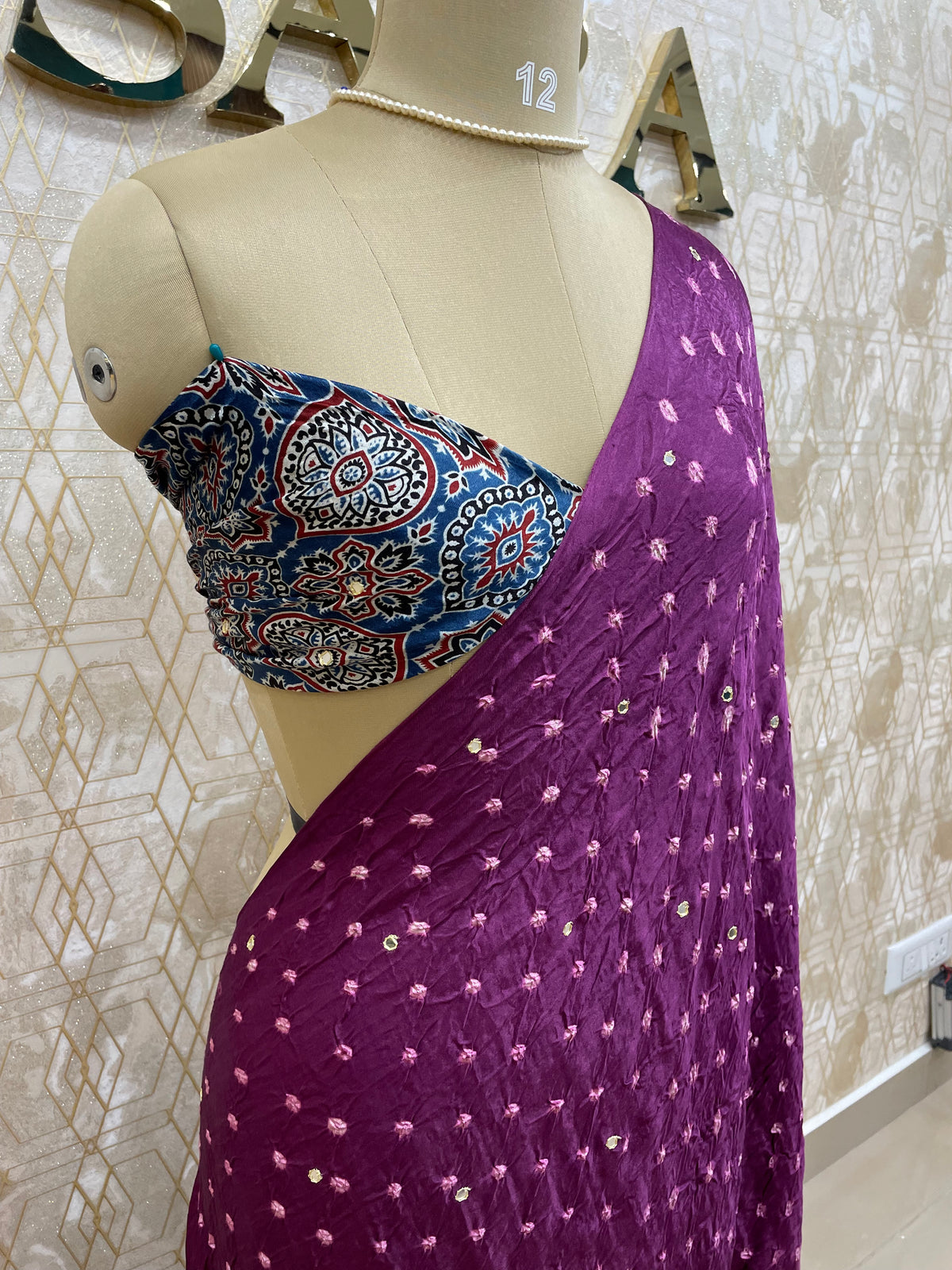 Wine Pure Modal Silk Bandhini With Mirror Saree 05